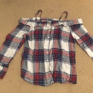 Long sleeve off the shoulder plaid flannel